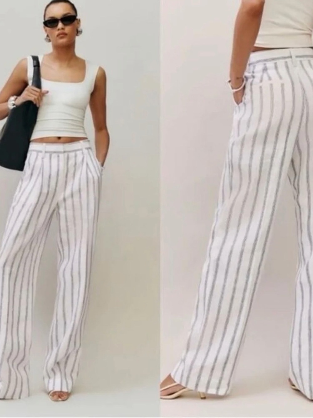 Reformation White Linen-Blend Wide Leg Pants with blue Stripes
